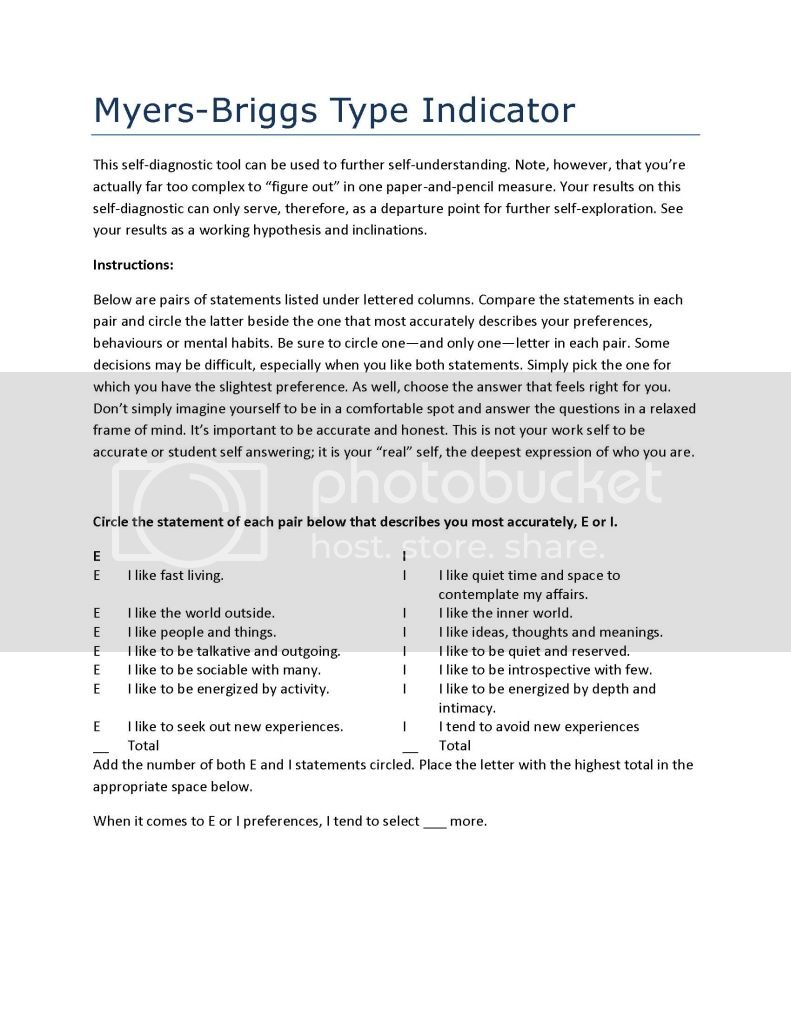 myers briggs personality test printable